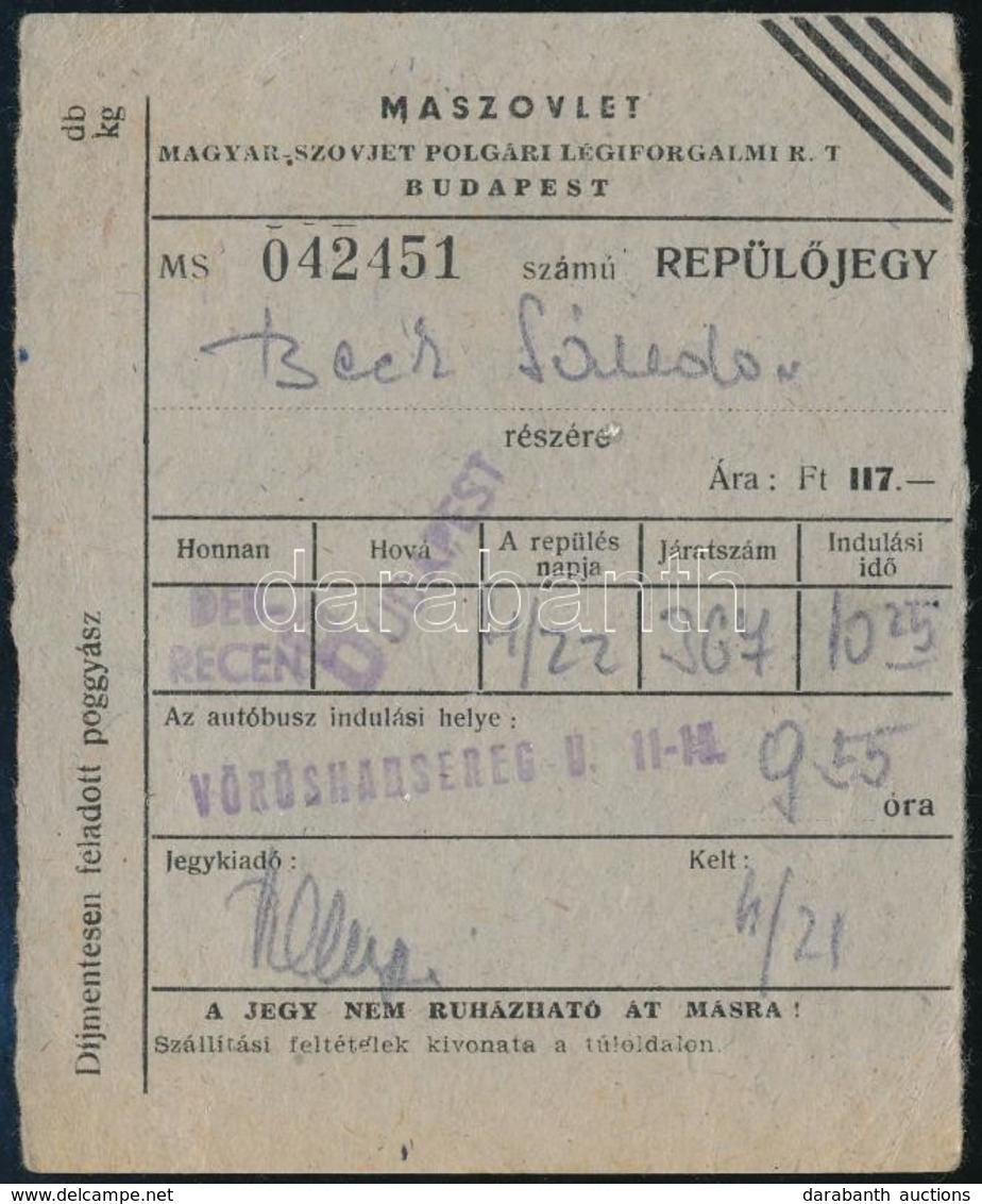 1929 Maszovlet Repülőjegy Debrecen-Budapest Viszonylatra - Non Classés