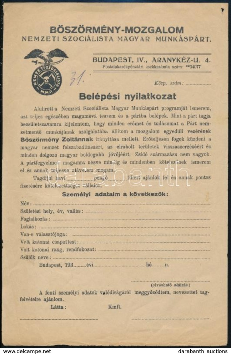 Cca 1930 Nemzetiszocialista Magyar Munkáspárt Böszörmény-mozgalmának Kitöltetlen Belépési Nyilatkozata - Non Classés