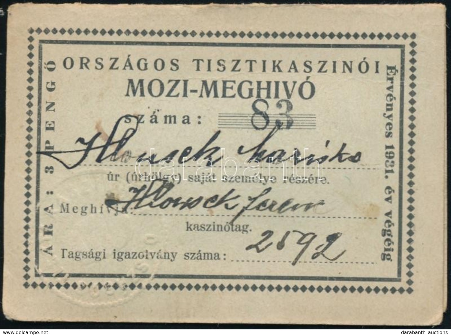 1931 Országos Tisztkaszinó Fényképes Mozi Meghívója Hölgy Részére - Non Classés