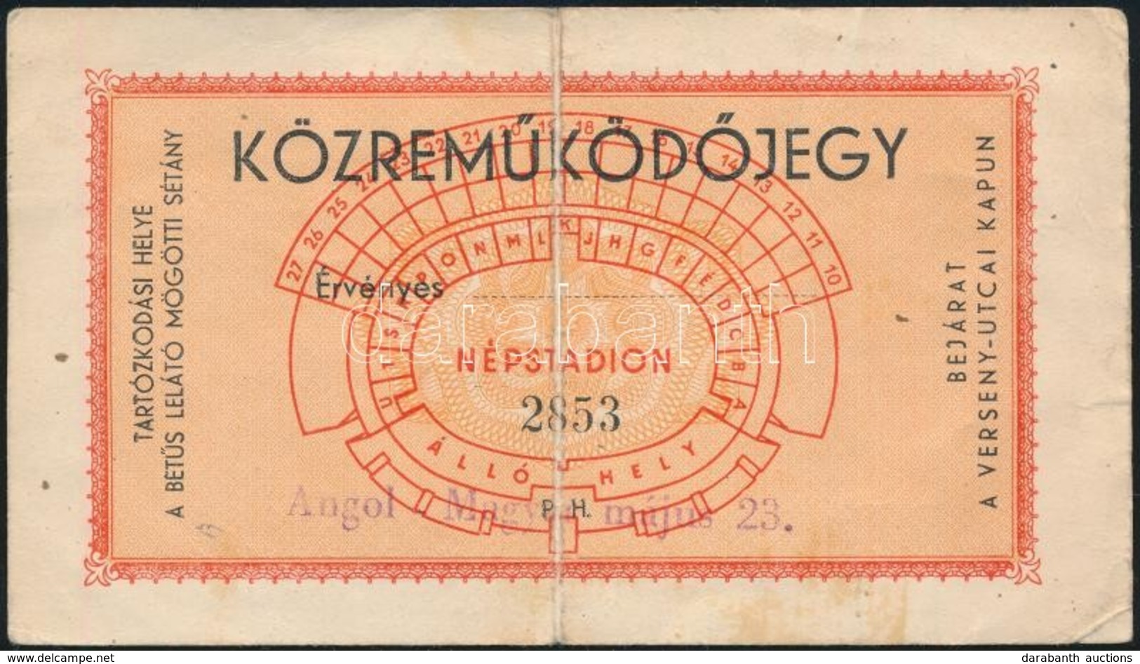 1954 Közreműködő Jegy A Népstadionba A Magyar-angol (7-1) Meccsre, Hajtott - Unclassified