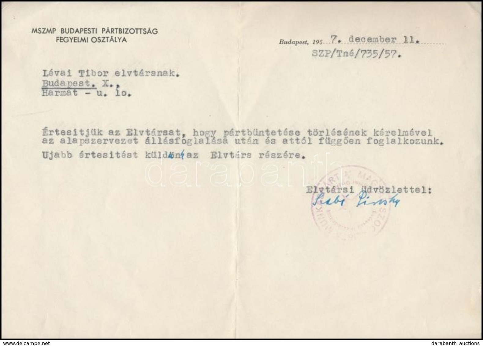 1957 MSZMP Budapesti Pártbizottság Fegyelmi Osztályának értesítése Pártbüntetés Kérelmének ügyében, (Nemes Dezsőné) Szab - Ohne Zuordnung