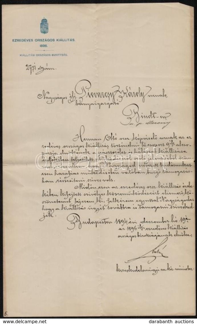 1894 Lukács Béla (1847-1901) Kereskedelemügyi Miniszter Köszönő Levele Pivarczy Károly Bányakapitánynak, Melyben Megkösz - Zonder Classificatie
