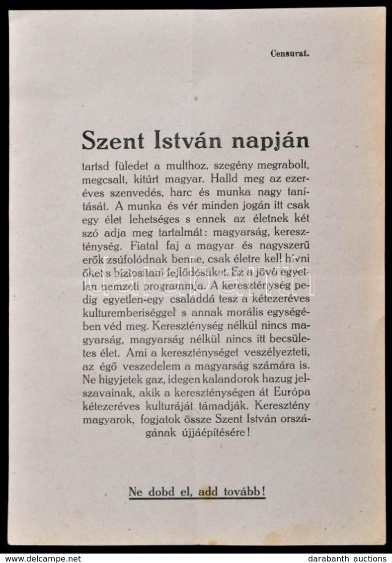 1919 'Szent István Napján Tartsd Füledet A Multhoz, ...' A Román Hatóságok által Cenzúrázott Röplap, Amelyben A Kereszté - Non Classés