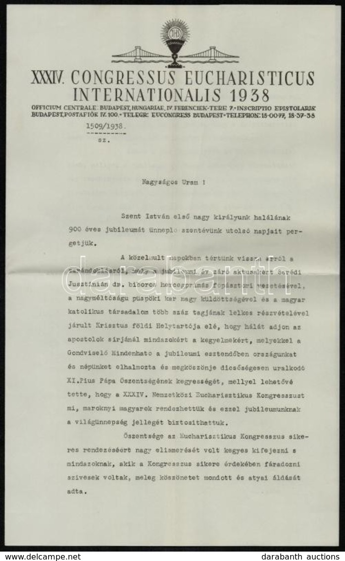 1938 A XXXIV. Eucharisztikus Kongresszus ünnepségeiről Készített Album Kísérőlevele A Kongresszus Fejléces Levélpapírján - Non Classés