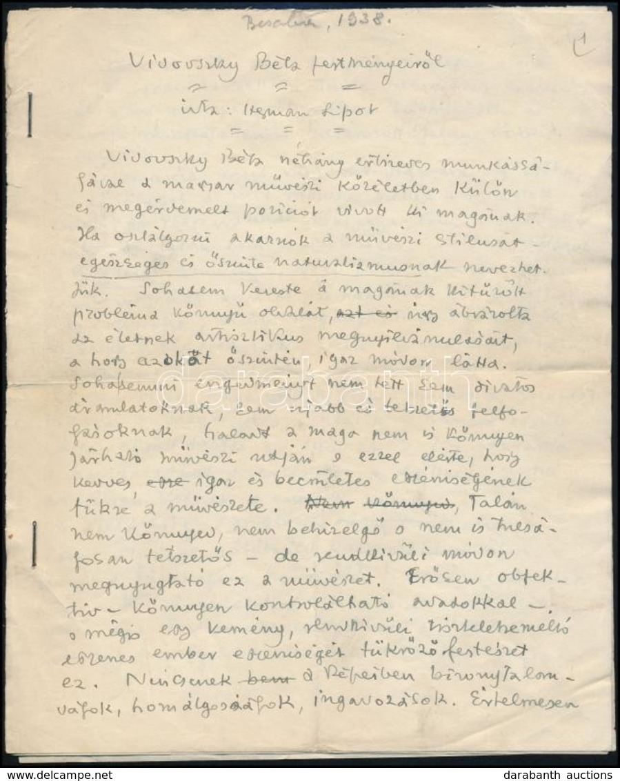 1938 Herman Lipót (1884-1972) Festőművész Saját Kézzel írt Tanulmánya Vidovszky Béla (1883-1973) Festőművész Műveiről, 4 - Non Classés