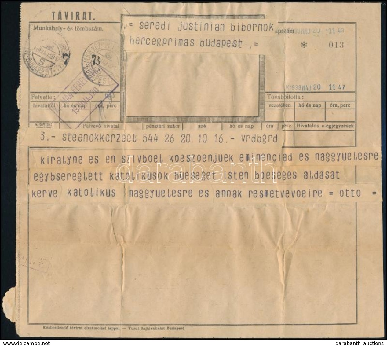 1939 Habsburg Ottó (1912-2011) Trónörökös üdvözlő Távirata Serédi Jusztinián Bíborosnak A Katolikus Nagygyűlés Alkalmábó - Unclassified