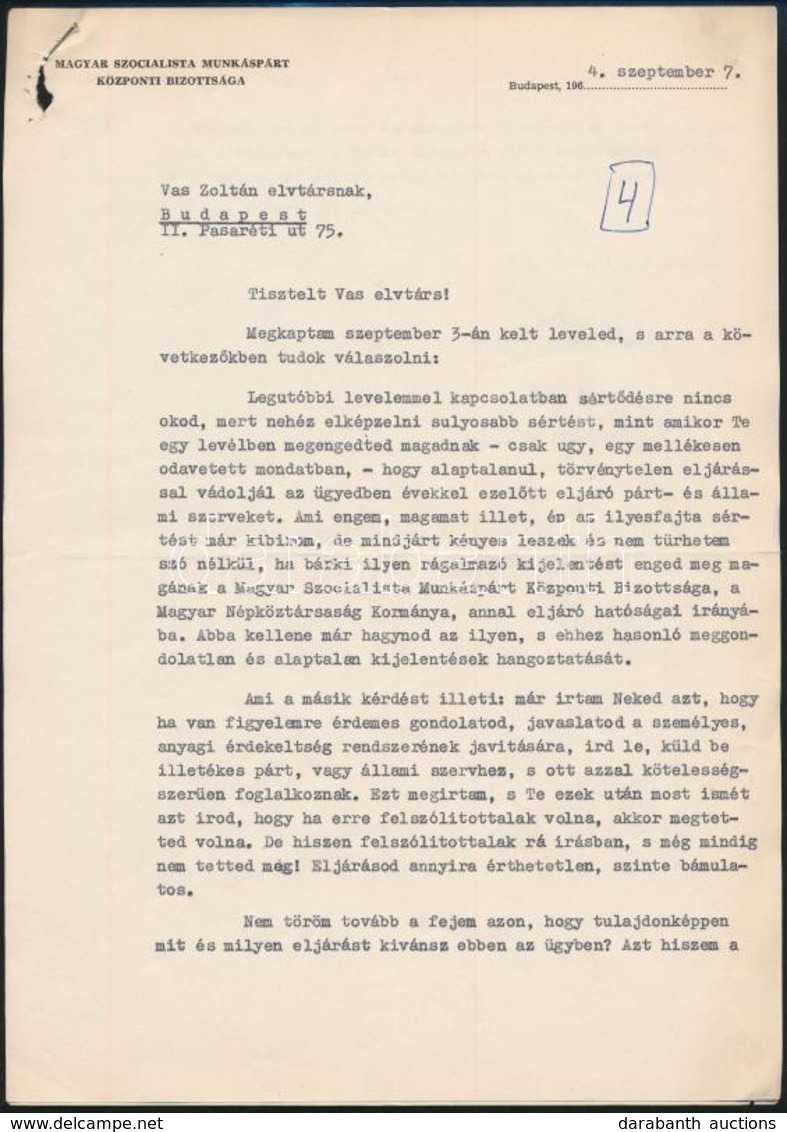 1964 Kádár János (1912-1989) Személyes Hangú, Saját Kézzel Aláírt Levele Vas Zoltán (1903-1983) író, 56-os államminiszte - Non Classés