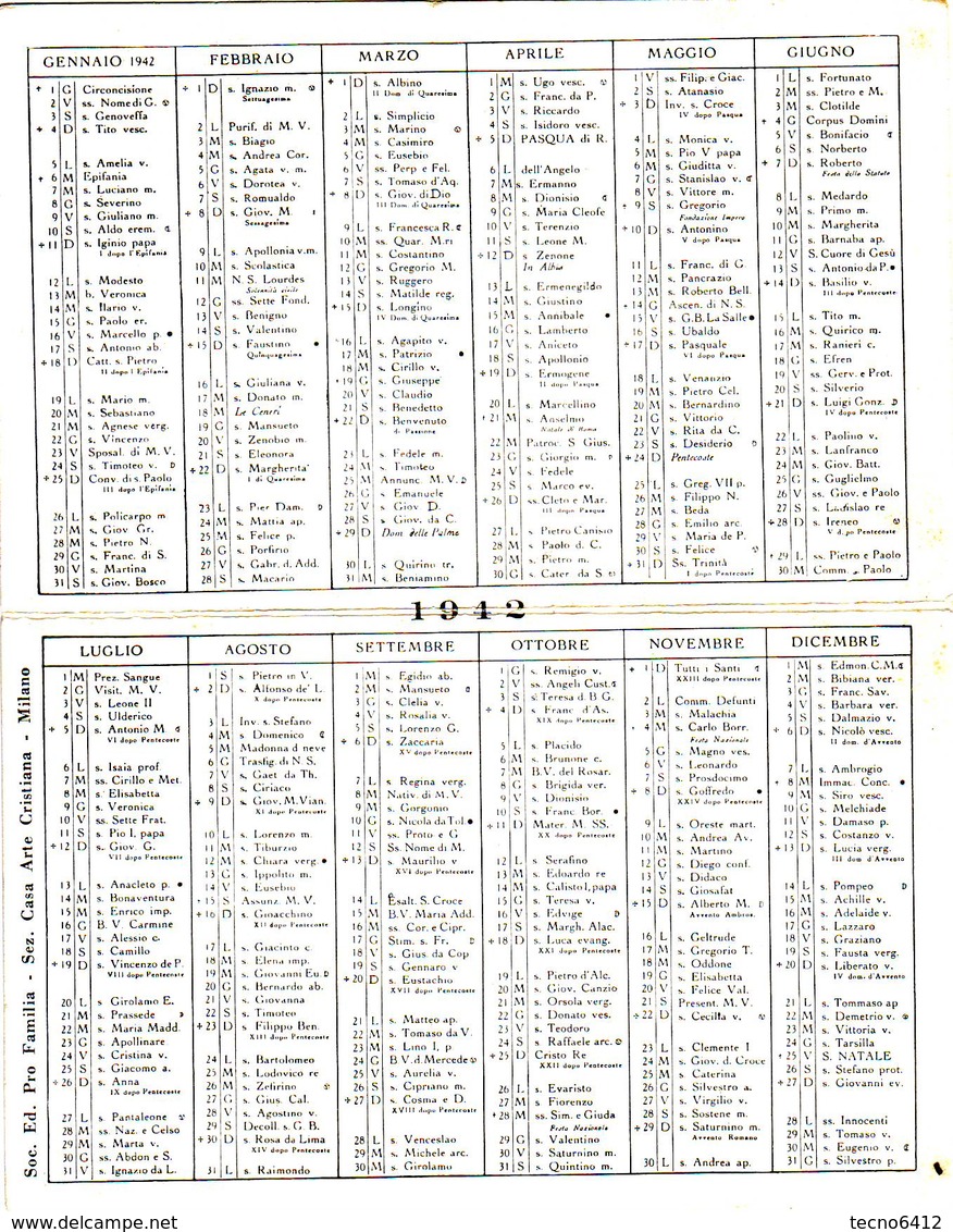 Calendarietto Tascabile O Vergine Maria 1942 - Petit Format : 1941-60