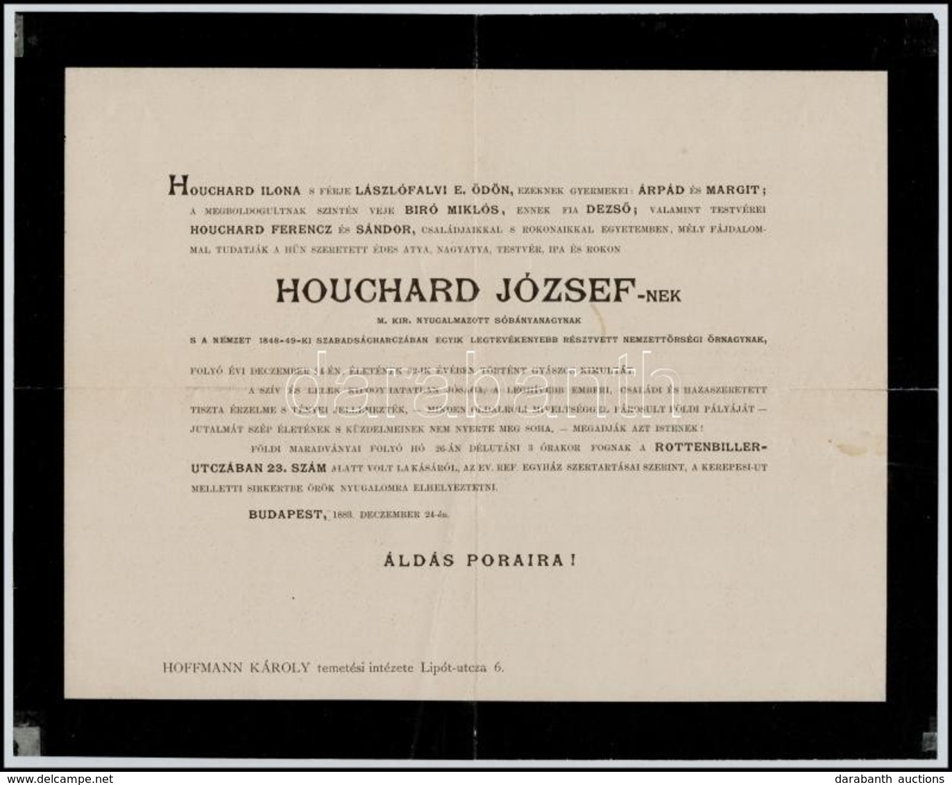 1883 Houchard József (1802-1883) Nyugalmazott Sóbányanagy, 1848-49-es Nemzetőr, őrnagy Halotti értesítője, Miksa Zsuzsan - Other & Unclassified