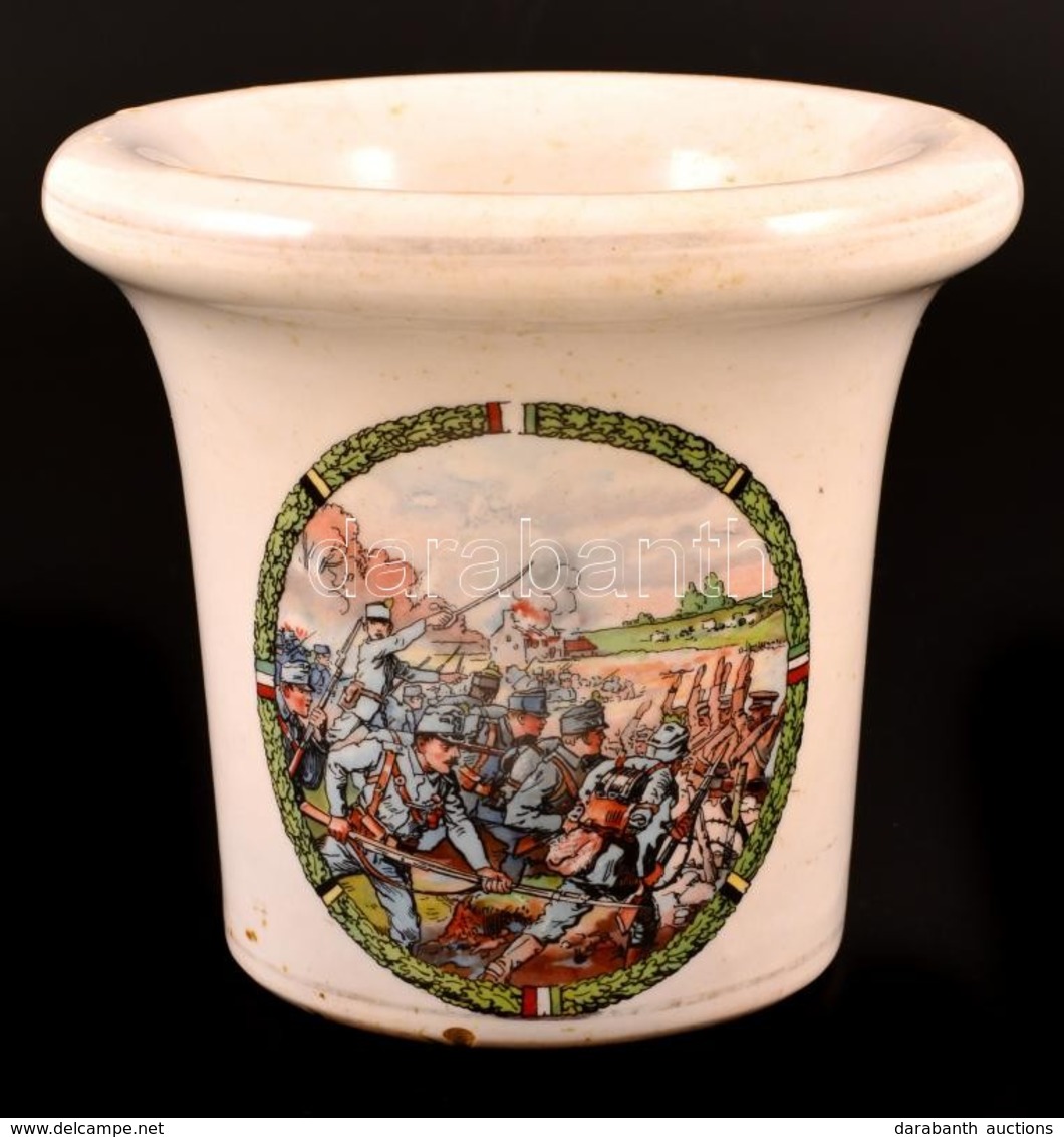 Cca 1916 Harci Jelenetes Porcelán Hadimozsár, Matricás, Jelzés Nélkül, Apró Csorbákkal, Törő Nélkül, M:12,5 Cm, D:14 Cm - Other & Unclassified