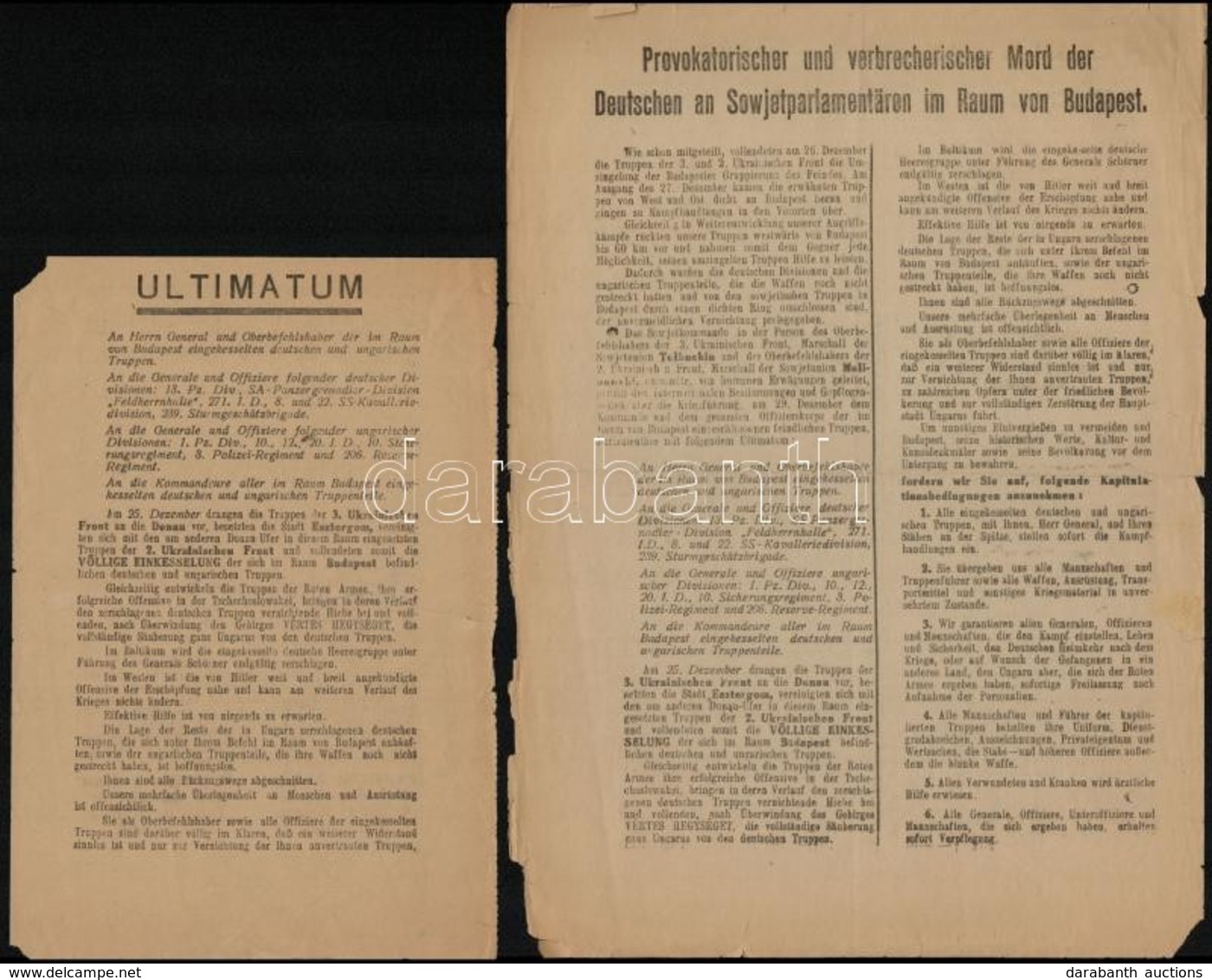 1944 Az Ukrán Hadseregcsoport Parancsnoka által Kiadott Ultimátum A Budapest Körzetében Körülzárt Német és Magyar Csapat - Autres & Non Classés