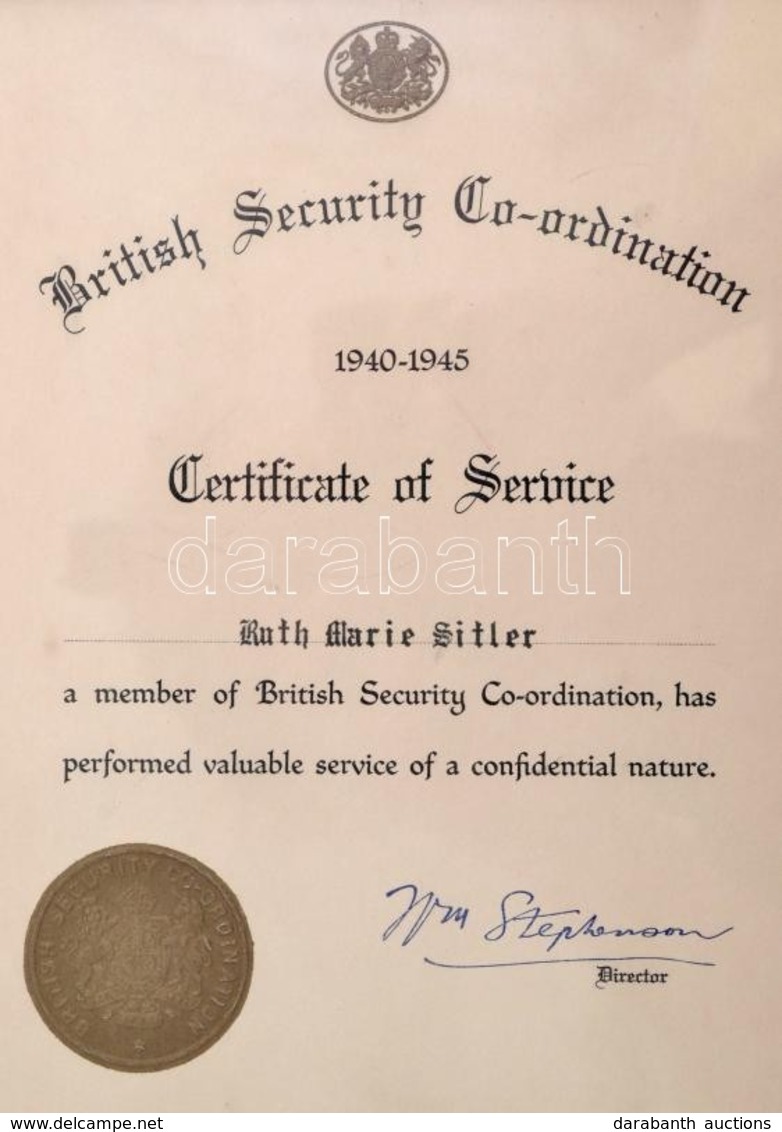 1945 Brit Titkosszolgálat Szolgálati Emléklapja  William Samuel Stephenson Fedőnevén ,,Rettenthetetlen' Igazgató Aláírás - Other & Unclassified