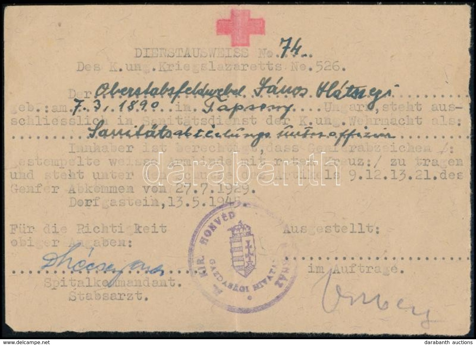 1945 Az 526. Sz. Katonakórház 2 Db Igazolása Katonakórházi Tisztviselő Részére, Angol Illetve Német Nyelven - Other & Unclassified