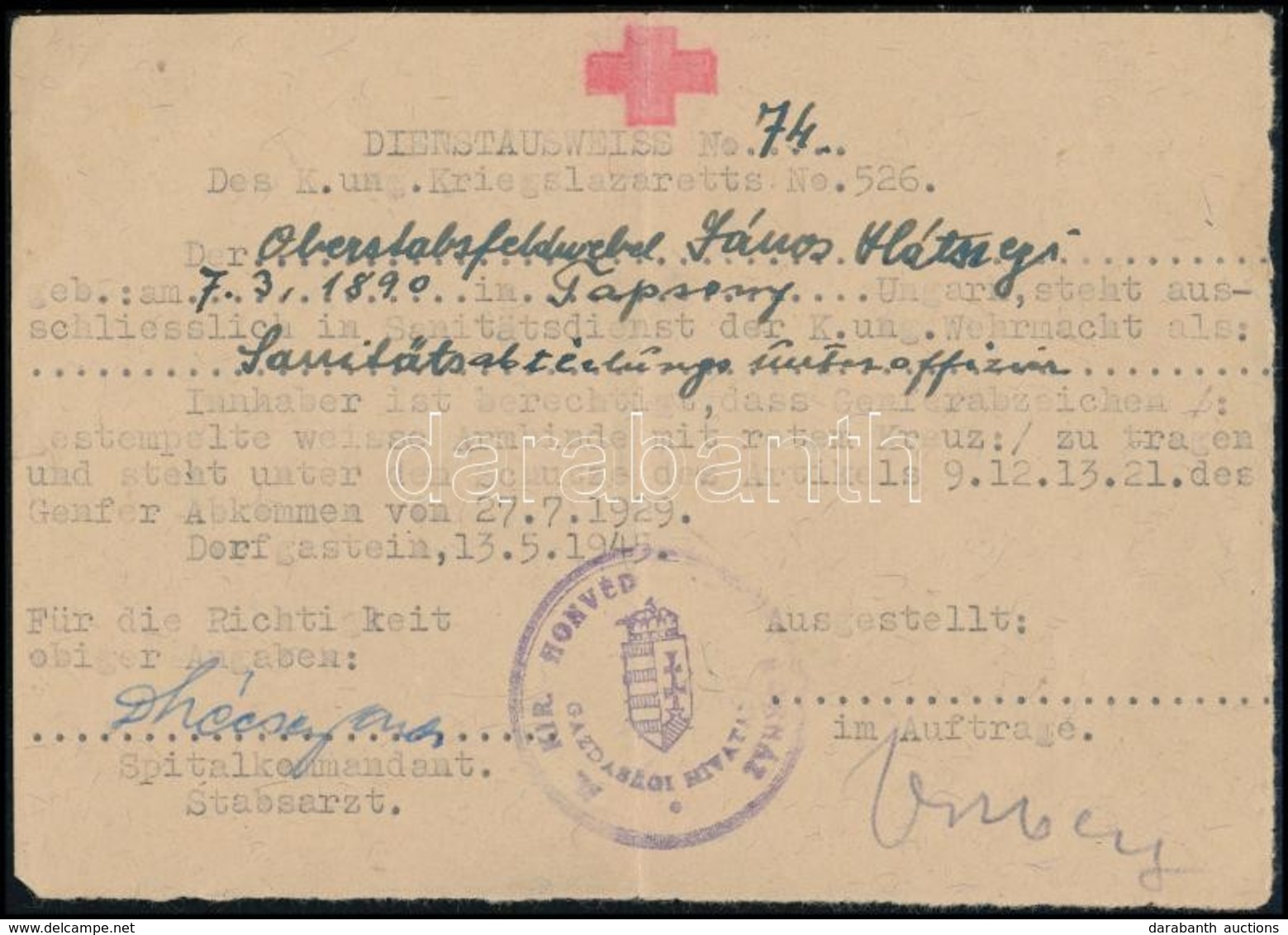 1945 Az 526. Sz. Katonakórház 2 Db Igazolása Katonakórházi Tisztviselő Részére, Angol Illetve Német Nyelven - Autres & Non Classés