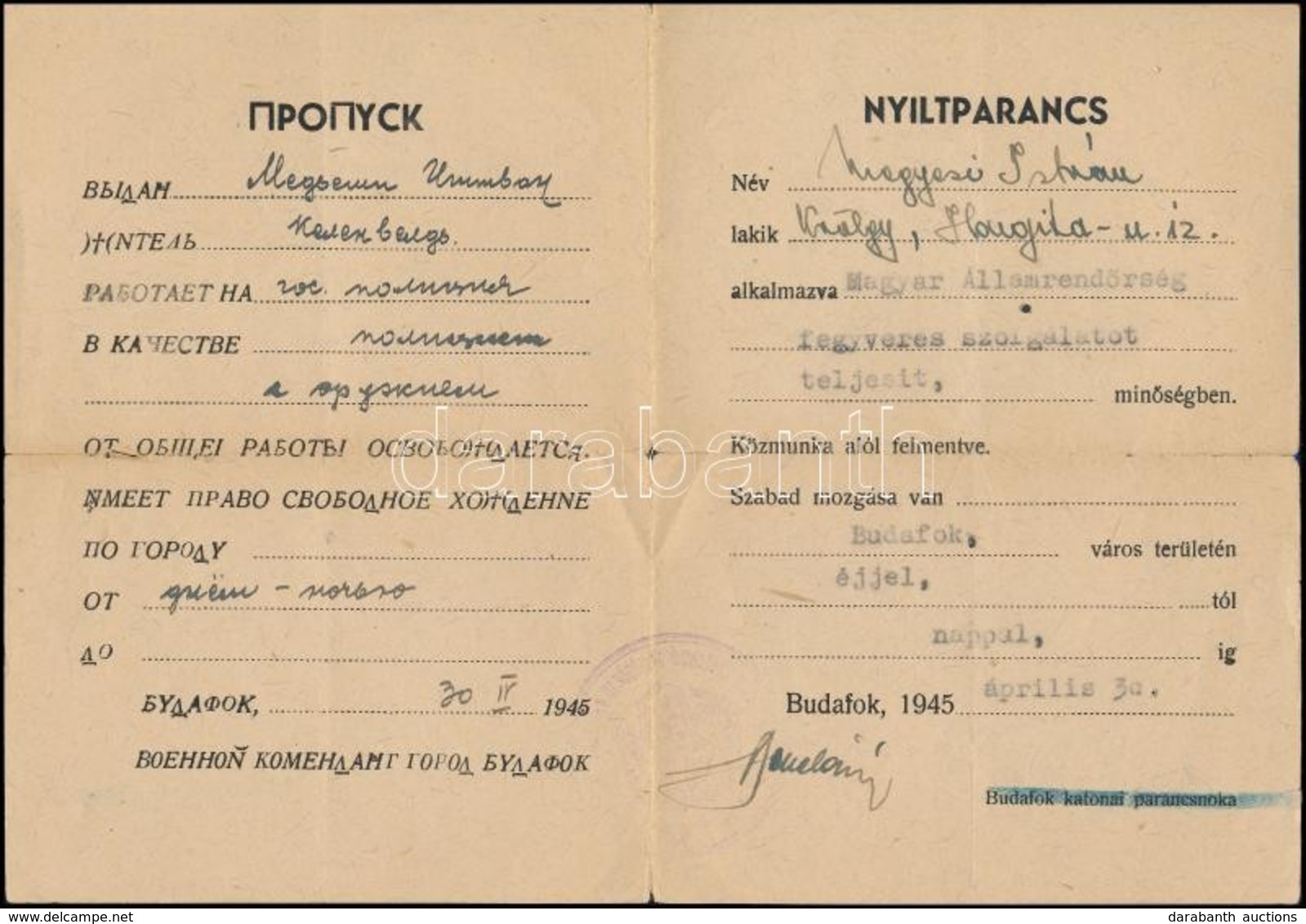 1945 Nyílt Parancs Fegyveres Szolgálatot Teljesítő Rendőr Részére, Budafok Területén Szabad Mozgást Biztosítva, Orosz-ma - Autres & Non Classés
