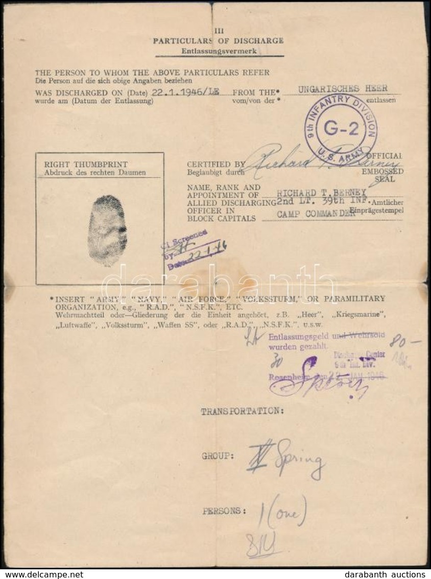 1946 Amerikai Leszerelési Papír Magyar Katona Részére / US Discharge Document For Hungarian Soldier. - Other & Unclassified