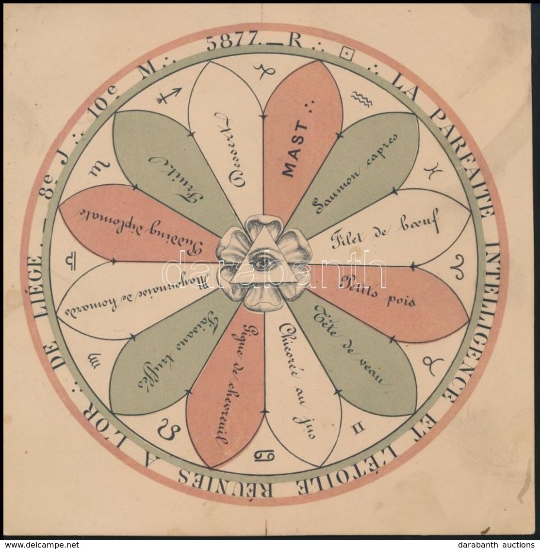 1878 Szabadkőműves Vacsora Menükártyája. Liege-ből, Grafikával / 1878 Freemason Dinner Menu Card 15x15 Cm - Autres & Non Classés