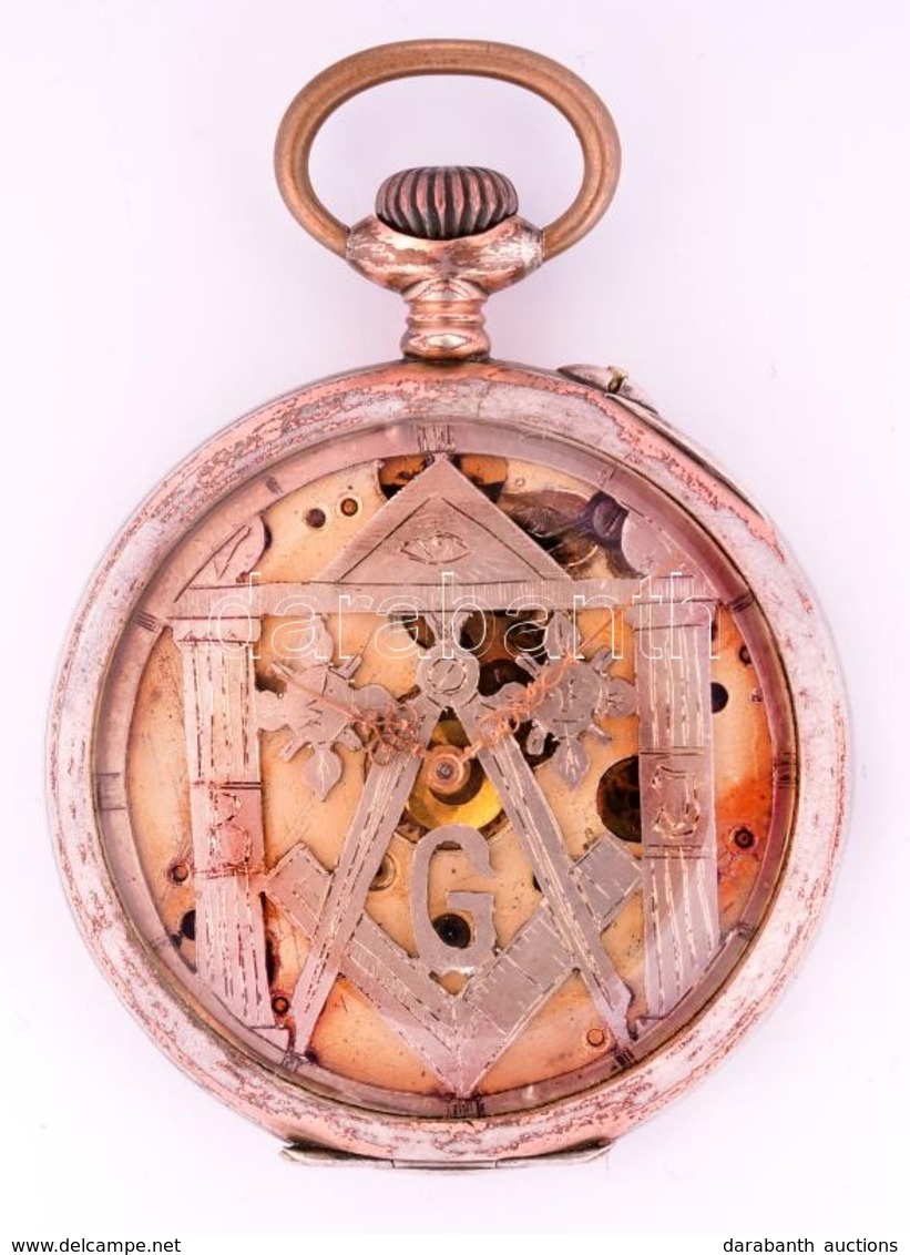 Szabadkőműves Motívumokkal Díszített Ezüst Zsebóra.  Működő, Jó állapotban / Freemason Silver Pocket Watch. D4,6 Cm - Other & Unclassified