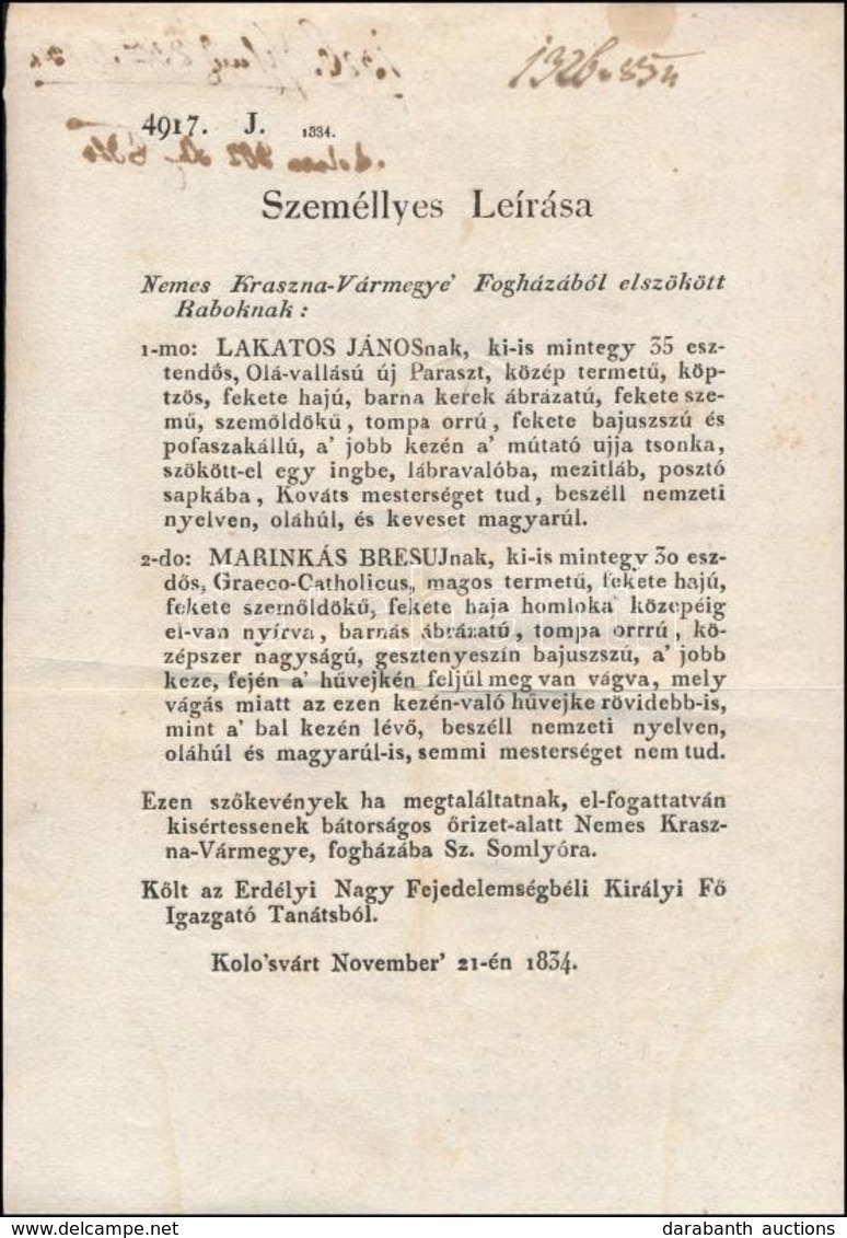 1834 Kolozsvár: Körözvény Magyar Nyelven - Ohne Zuordnung