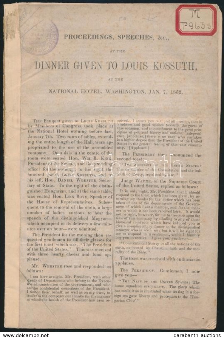 1852 Washington, A Kossuth Lajos Tiszteletére Rendezett Vacsorán Elhangzott Beszédek, Szónoklatok, Stb., Angol Nyelvű Ki - Unclassified