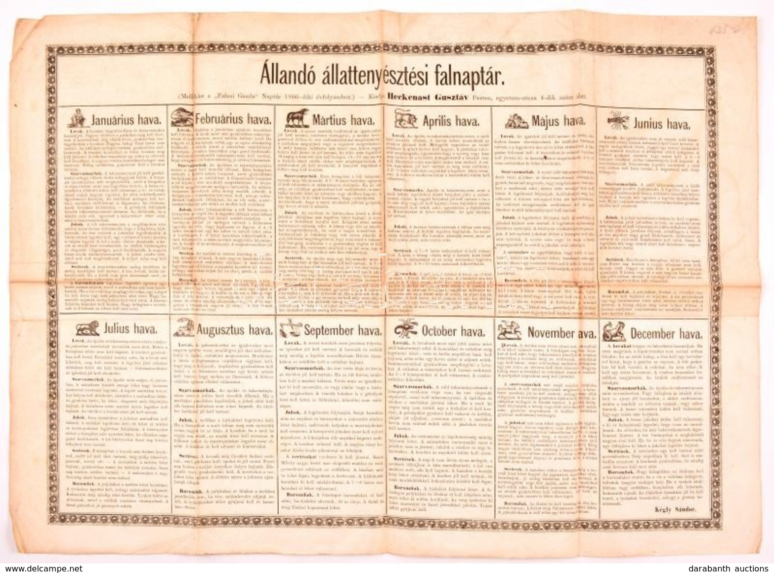 1866 Állandó állattenyésztési Falnaptár, Melléklet A 'Falusi Gazda' 1866. évi Folyamához, Hajtott - Unclassified