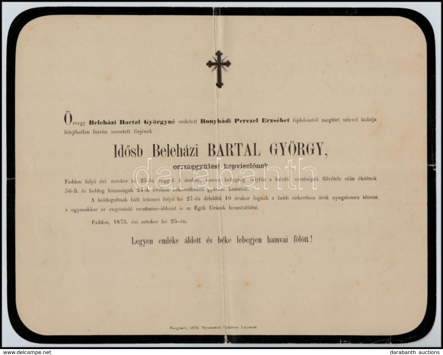 1875 Id. Beleházi Bartal György (1820-1875) Korábbi Földművelésügyi Miniszter, 1848-1849-es Országgyűlési Képviselő, Per - Non Classés