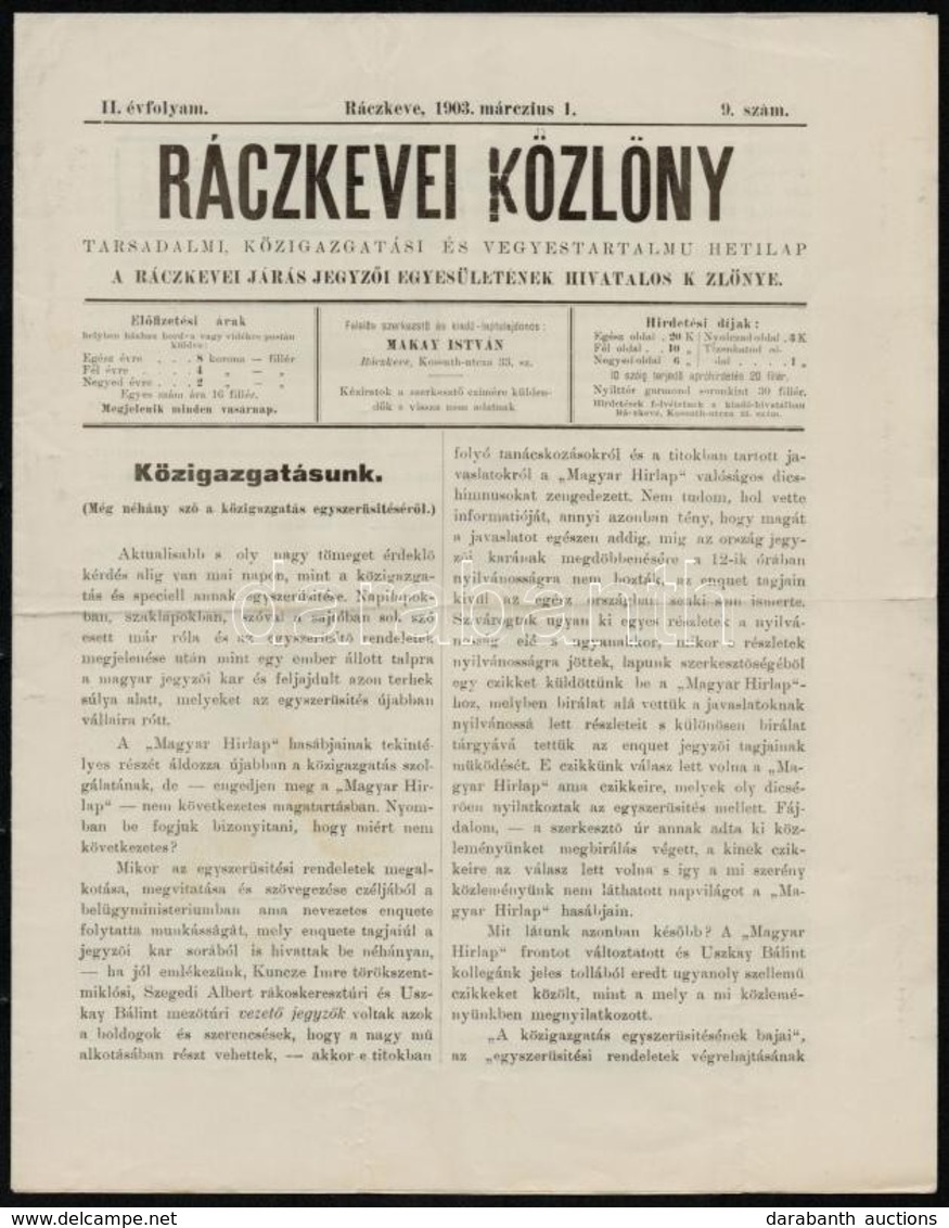 1903 A Ráczkevei Közlöny 2. évf. 9. Lapszáma, érdekes írásokkal, Felvágatlan Példány, Okmánybélyeggel, 8 P. - Unclassified