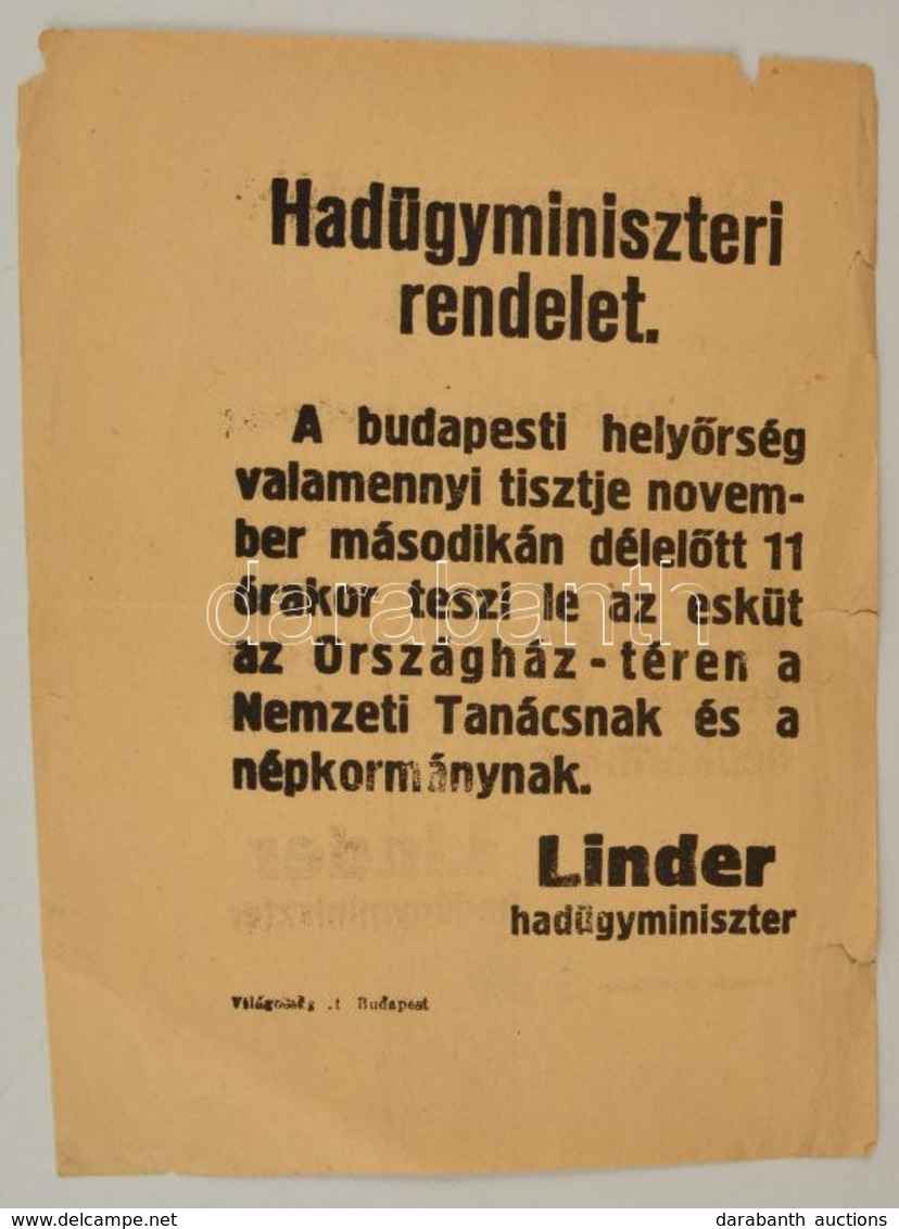 1918 Linder Béla (1876-1962) Hadügyminiszter Rendelete, 1918. Nov. 2.-án Az Országház Előtt Tartandó A Nemzeti Tanácsnak - Ohne Zuordnung