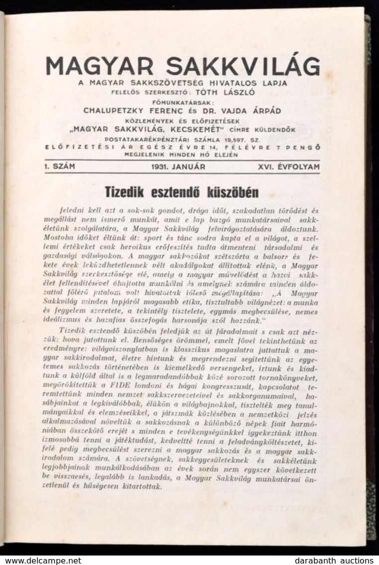 1931 Magyar Sakkvilág. XVI. évf. 1-12 Sz. A Magyar Sakkszövetség Hivatalos Lapja. Szerk.: Tóth László. Kecskemét, Első K - Ohne Zuordnung