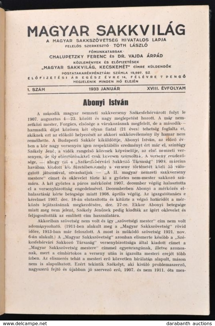 1933 Magyar Sakkvilág. XVIII. évf. 1-12 Sz.+Rendkívüli Szám. A Magyar Sakkszövetség Hivatalos Lapja. Szerk.: Tóth László - Ohne Zuordnung