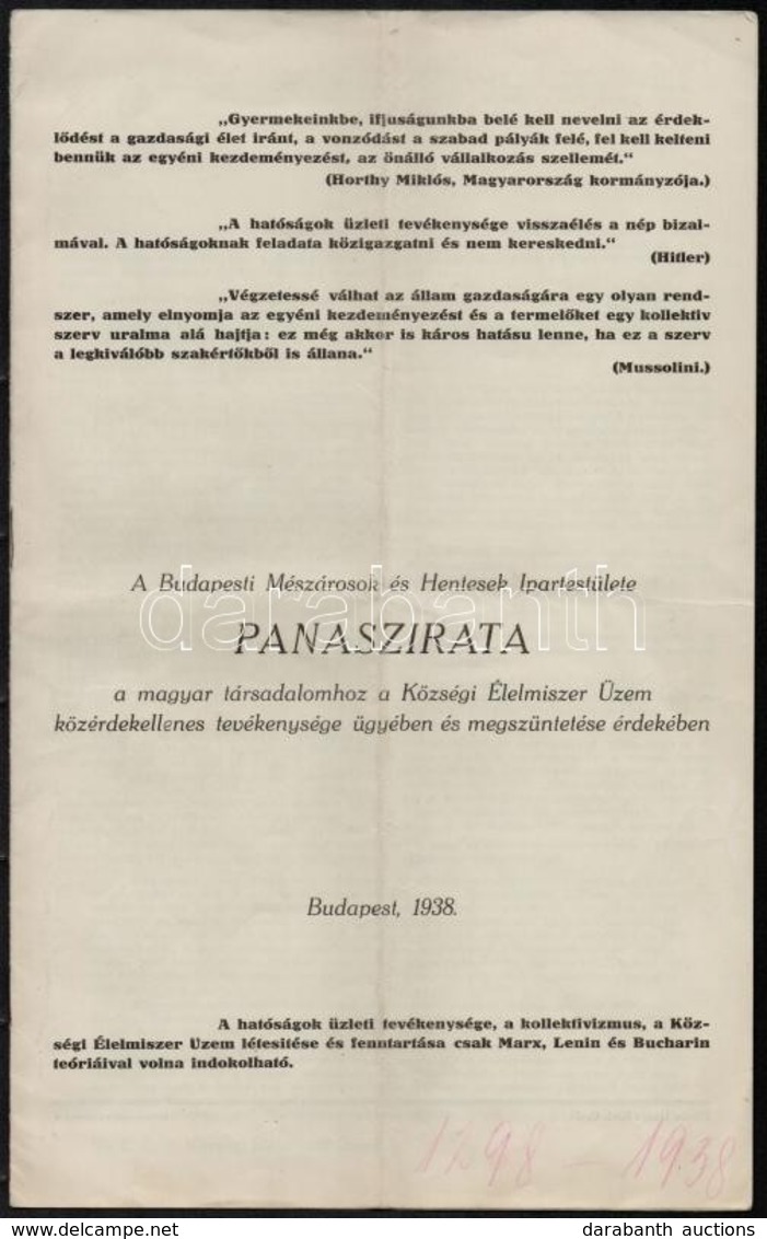 A Budapesti Mészárosok és Hentesek Ipartestülete Panaszirata A Magyar Társadalomhoz A Község Élelmiszer Üzem Közérdekell - Ohne Zuordnung