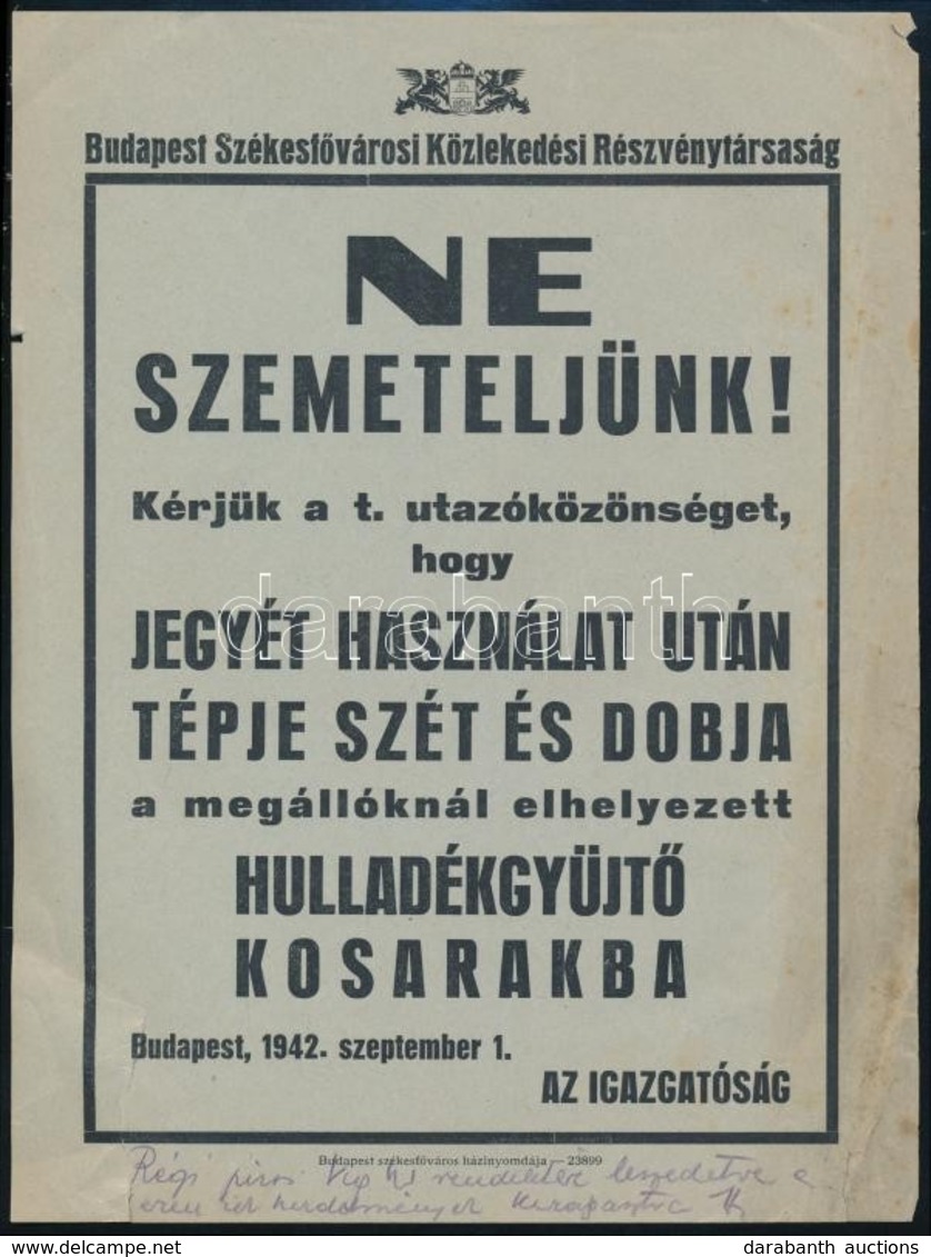 1942 Ne Szemeteljünk!, BSzKRT Villamosplakát, Kis Sérüléssel, 23×17,5 Cm - Sonstige & Ohne Zuordnung