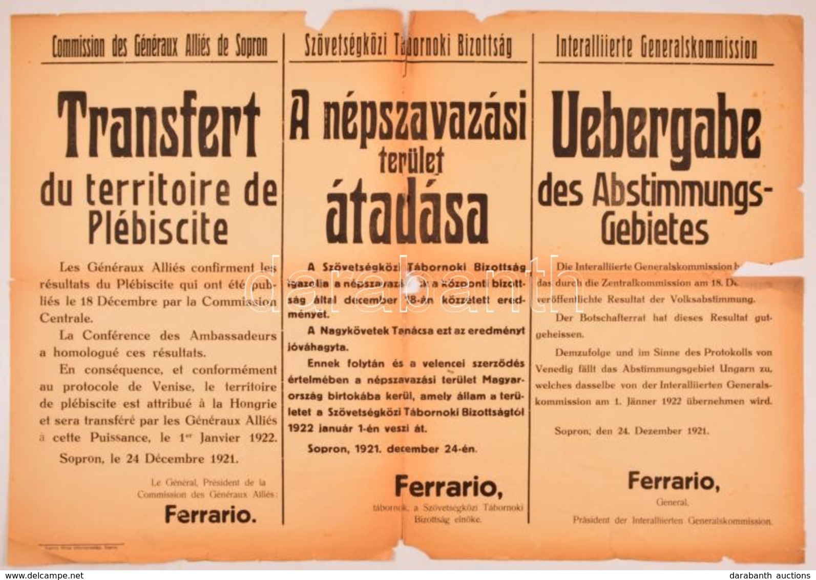 1921  A Népszavazási Terület átadása. ... Ferrario Tábornok, A Szövetségközi Tábornoki Bizottság Elnök által Kiadott Hár - Sonstige & Ohne Zuordnung