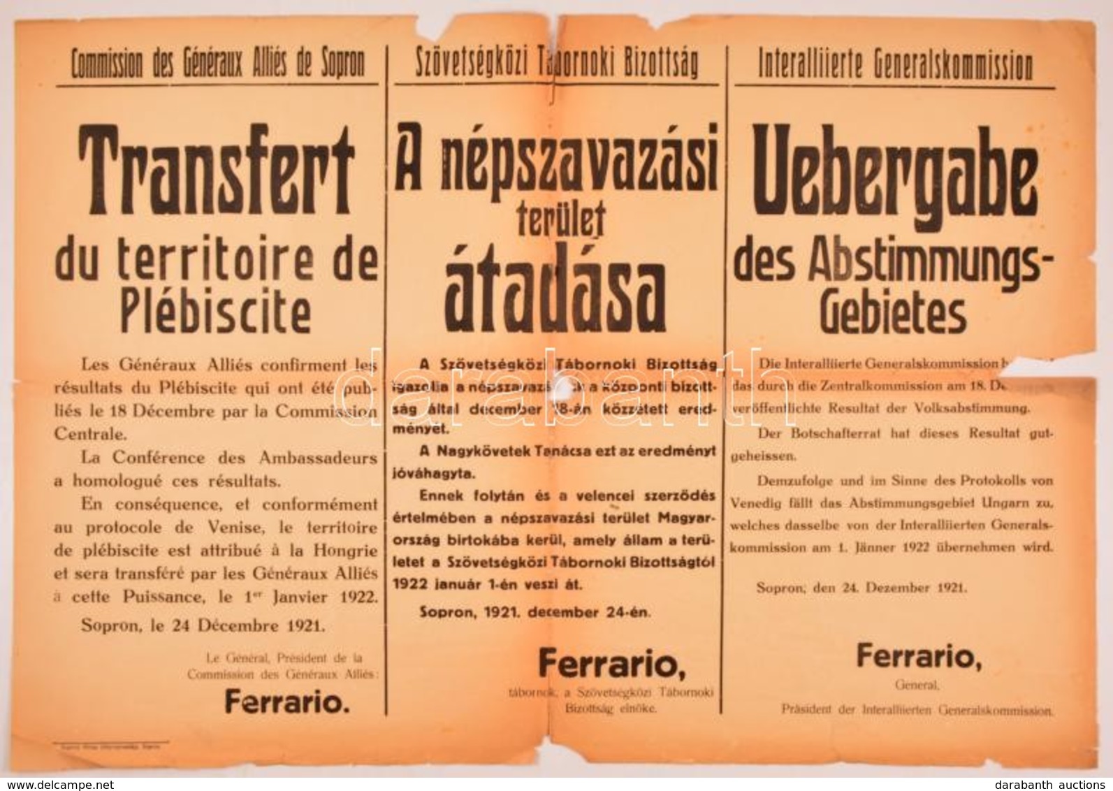 1921  A Népszavazási Terület átadása. ... Ferrario Tábornok, A Szövetségközi Tábornoki Bizottság Elnök által Kiadott Hár - Autres & Non Classés