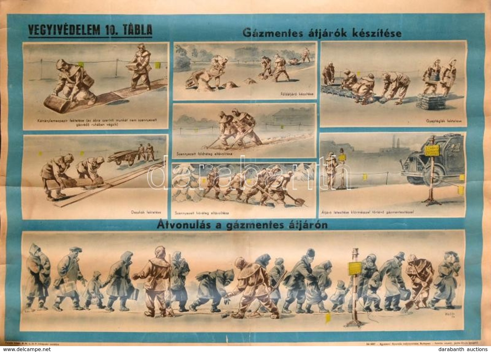 1954 Hollós Endre (1907 - ? ): 'Vegyivédelem 10. Tábla: Gázmentes átjárók Készítése...', Propaganda Plakát. Bp., Belügym - Sonstige & Ohne Zuordnung