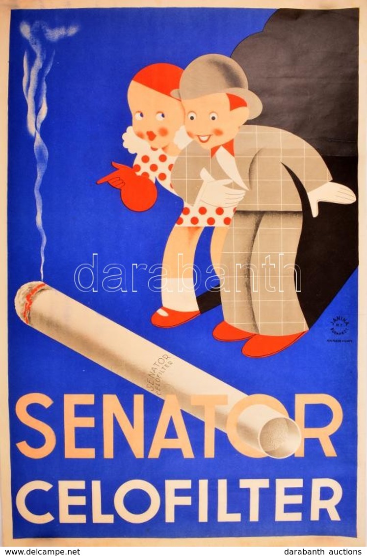 1930 Senator Cerofilter Art Deco Reklámplakát, Janina Rt, Budapest, Fk: Fuchs Vilmos, Javított, 94×62 Cm - Sonstige & Ohne Zuordnung