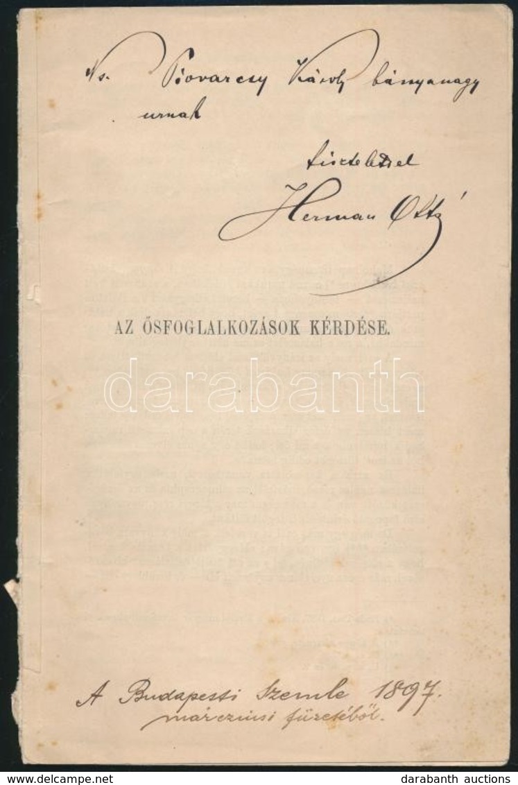 Hermann Ottó: Az ősfoglalkozások Kérdése. Különlenyomat A Budapesti Szemle 1897. Márciusi Füzetéből. A Szerző, Pivarczy  - Non Classés