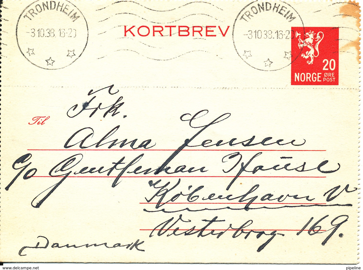 Norway Kortbrev Lettercard Sent To Denmark Trondheim 3-10-1938 - Covers & Documents