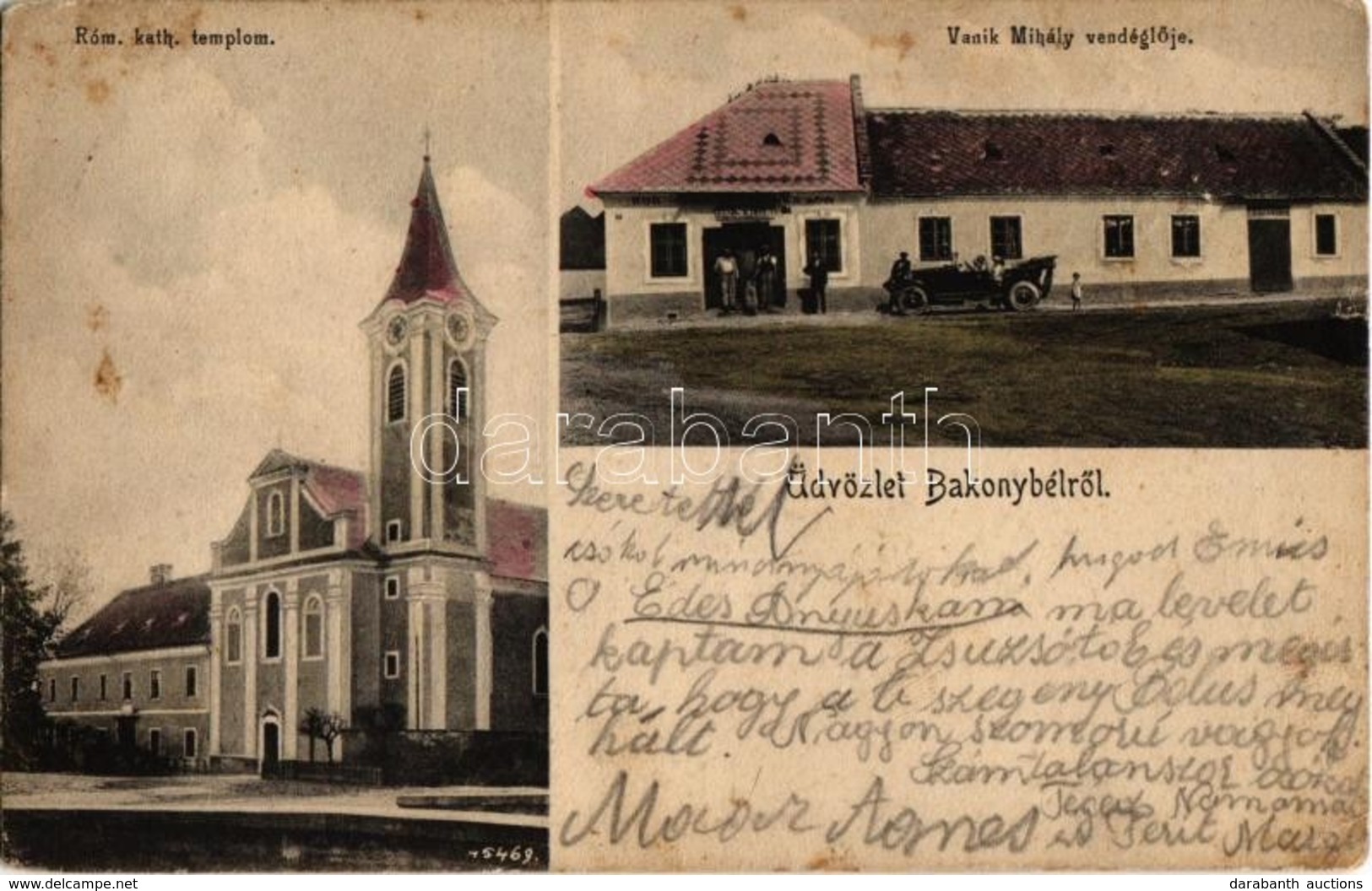 T2/T3 1934 Bakonybél, Római Katolikus Templom, Vanik Mihály Vendéglője, Automobil (EK) - Unclassified