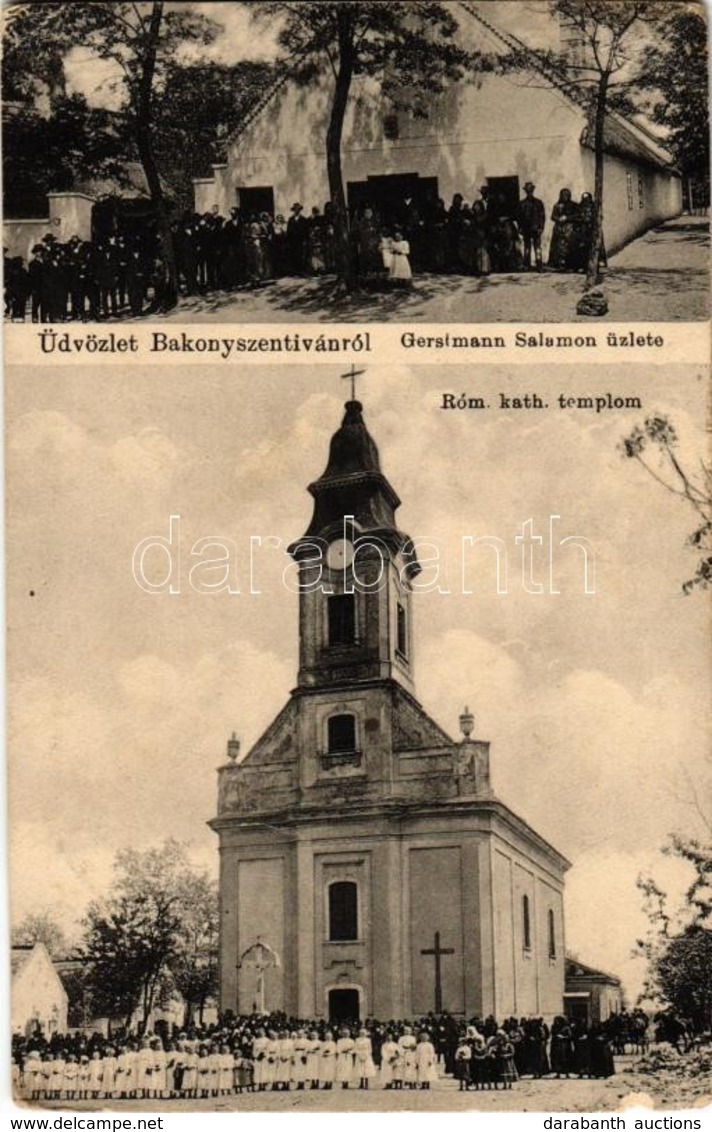 T2/T3 1917 Bakonyszentiván, Római Katolikus Templom, Falubeliek Csoportképe Elsőáldozókkal, Gerstmann Salamon üzlete és  - Ohne Zuordnung