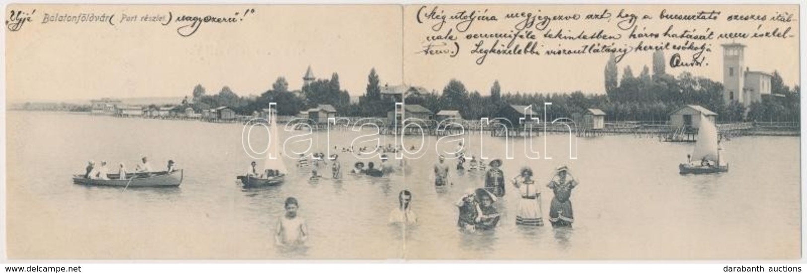 T3 1910 Balatonföldvár, Part A Fürdőkabinokkal, Csónakázó és Fürdőző Emberek. Gerenday Gyula Kiadása, Panoramacard (r) - Non Classés