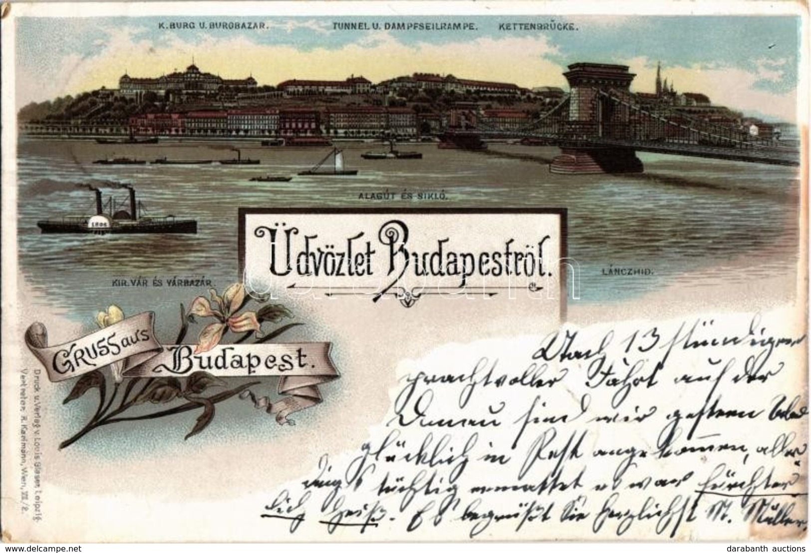 T2/T3 1895 (Vorläufer!) Budapest, Királyi Vár ás Várbazár, Alagút és Vársikló, Lánchíd. Louis Glaser Floral Litho  (kis  - Ohne Zuordnung