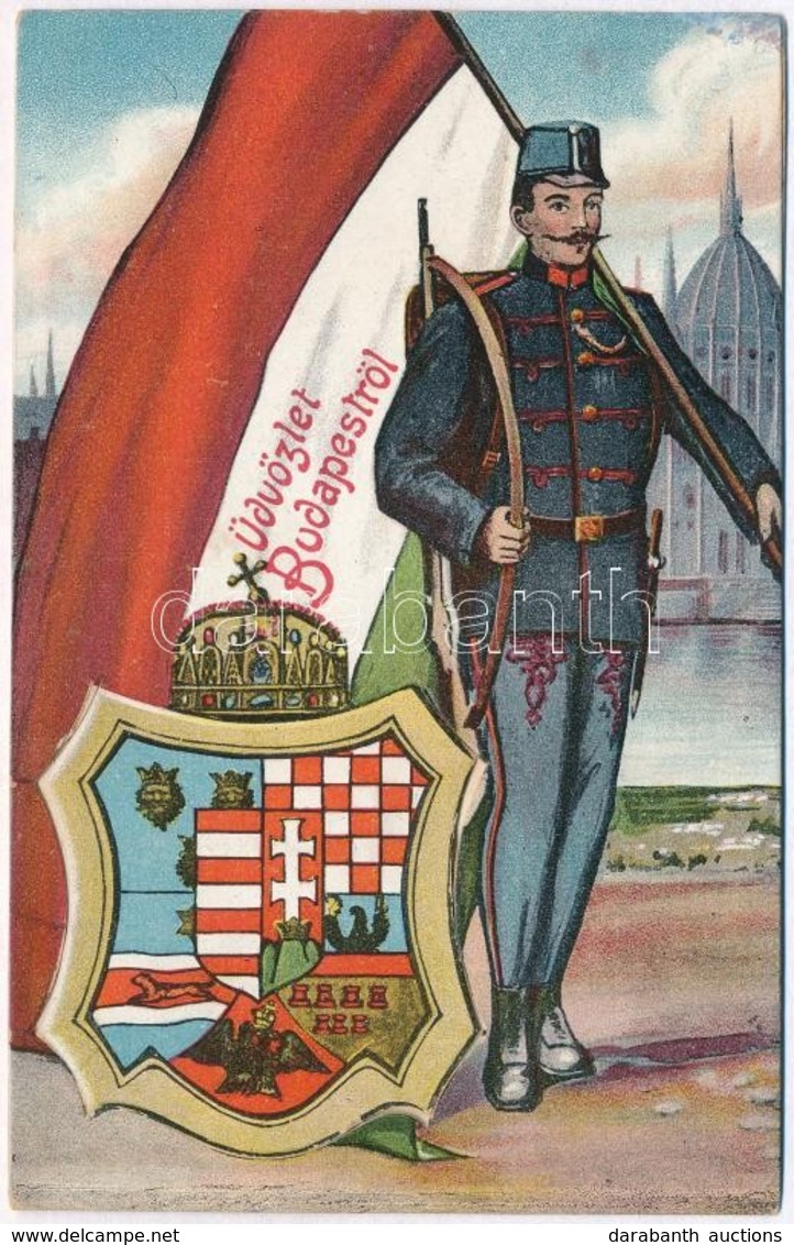 ** T2/T3 Budapest, Címeres Magyar Zászló Katona Leporellolap / Hungarian Coat Of Arms And Flag With Soldier,  Leporelloc - Non Classés