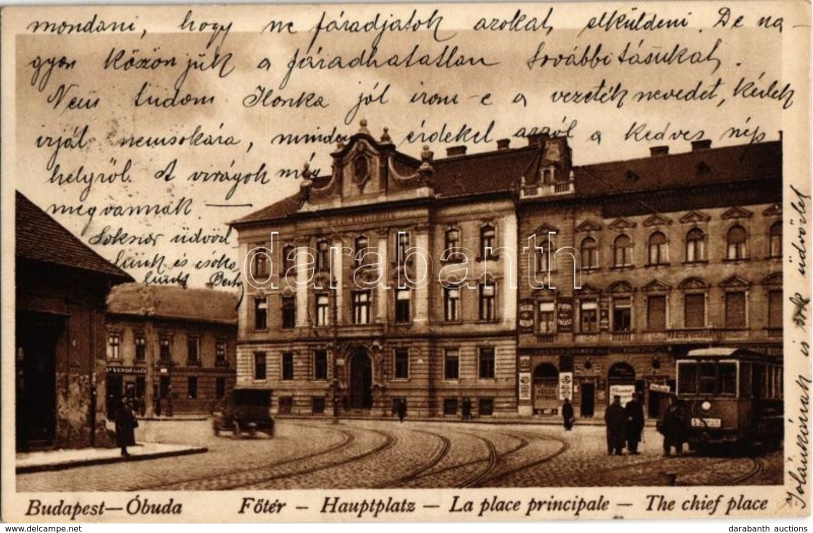 T2 1929 Budapest III. Óbuda, Fő Tér, Villamos, Automobil, III. Kerületi Elöljáróság, Vendéglő, Gebhard József üzlete - Non Classés