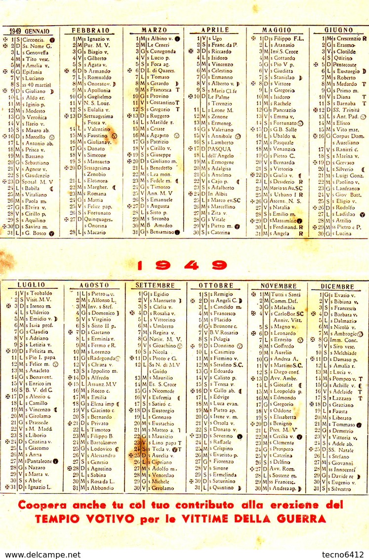 Calendarietto Tascabile Tempio Votivo Della Pace 1949 - Petit Format : 1941-60