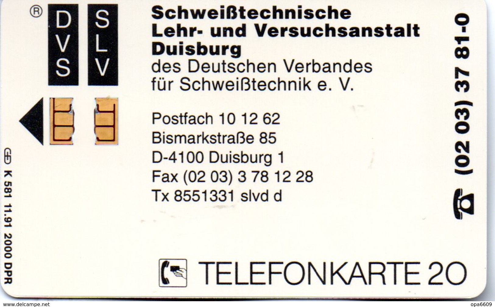 (Gm3) BRD Telefonkarte 1992 (20) Ungebraucht "Schweißtechnische Lehr- Und Versuchsanstalt, Duisburg (SLV)" - Sonstige & Ohne Zuordnung