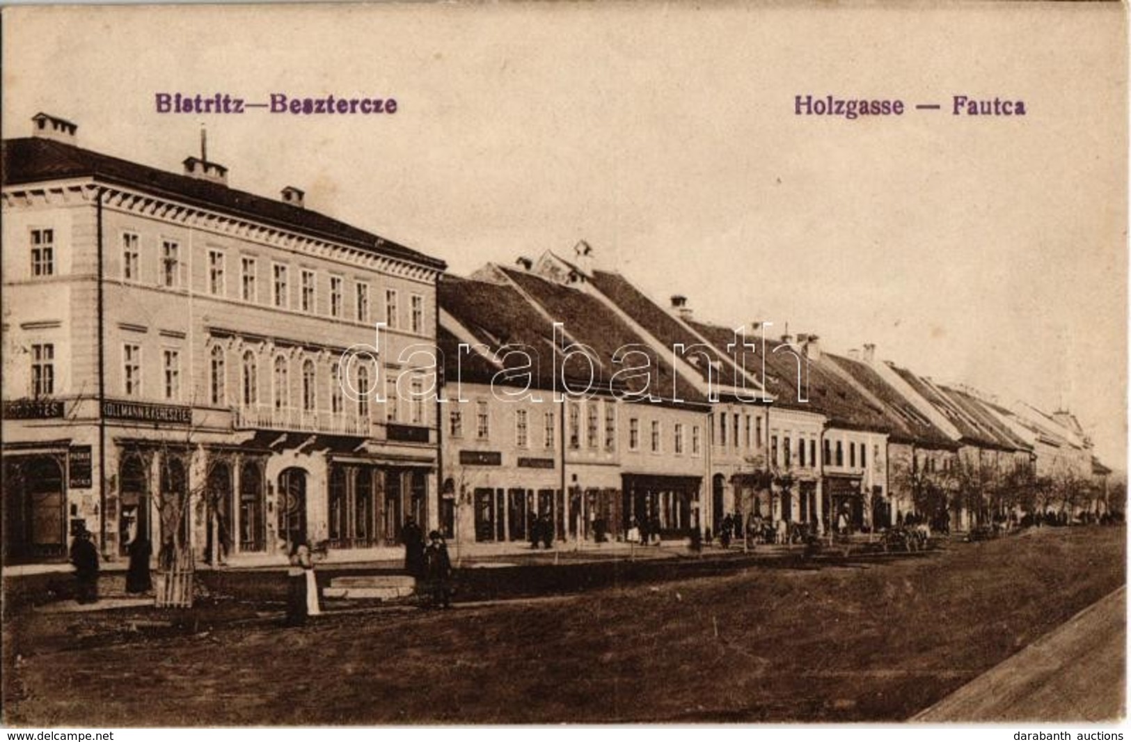 ** T1/T2 Beszterce, Bistritz, Bistrita; Fa Utca, Kollmann és Keresztes Phönix üzlete / Holzgasse / Street, Shop - Unclassified