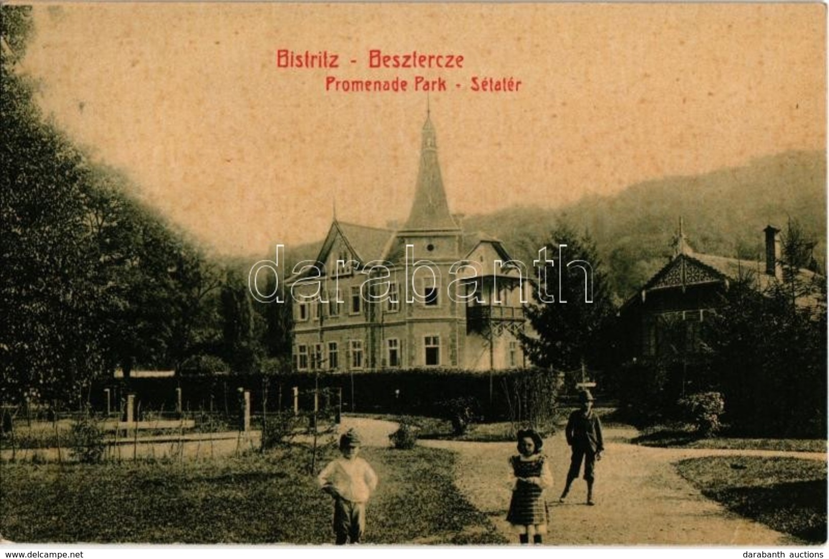 T2/T3 1907 Beszterce, Bistritz, Bistrita; Promenade Park / Sétatér, Villa. W. L. (?) No. 403. / Park, Villa (EK) - Non Classés