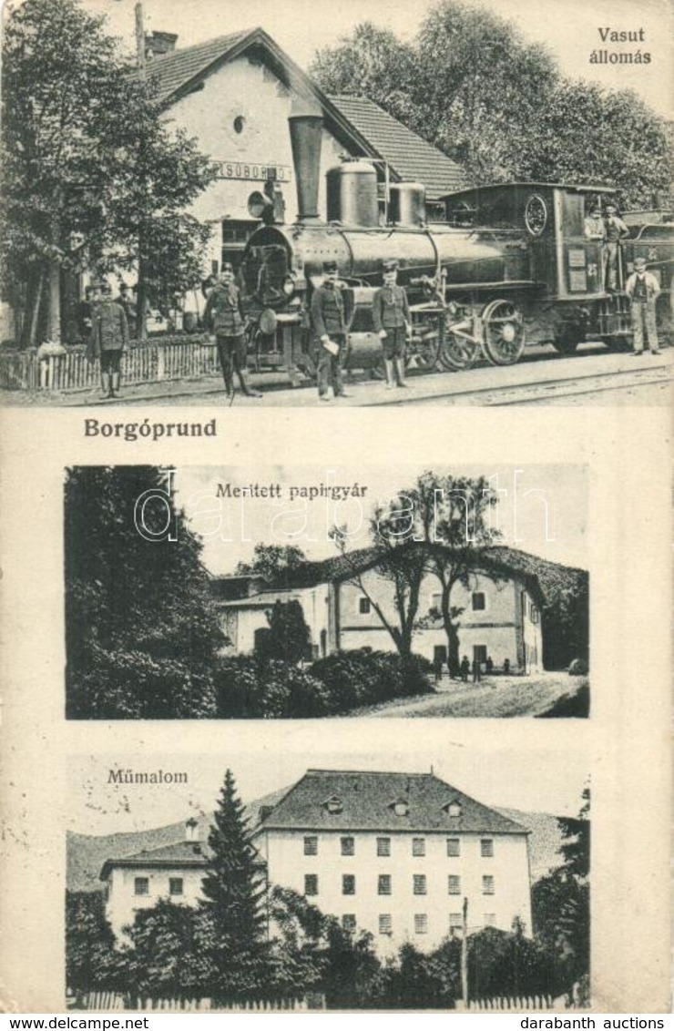 T2/T3 1917 Borgóprund, Prundu Bargaului; Vasútállomás, Gőzmozdony, Vasutasok, Merített Papírgyár, Műmalom / Railway Stat - Unclassified