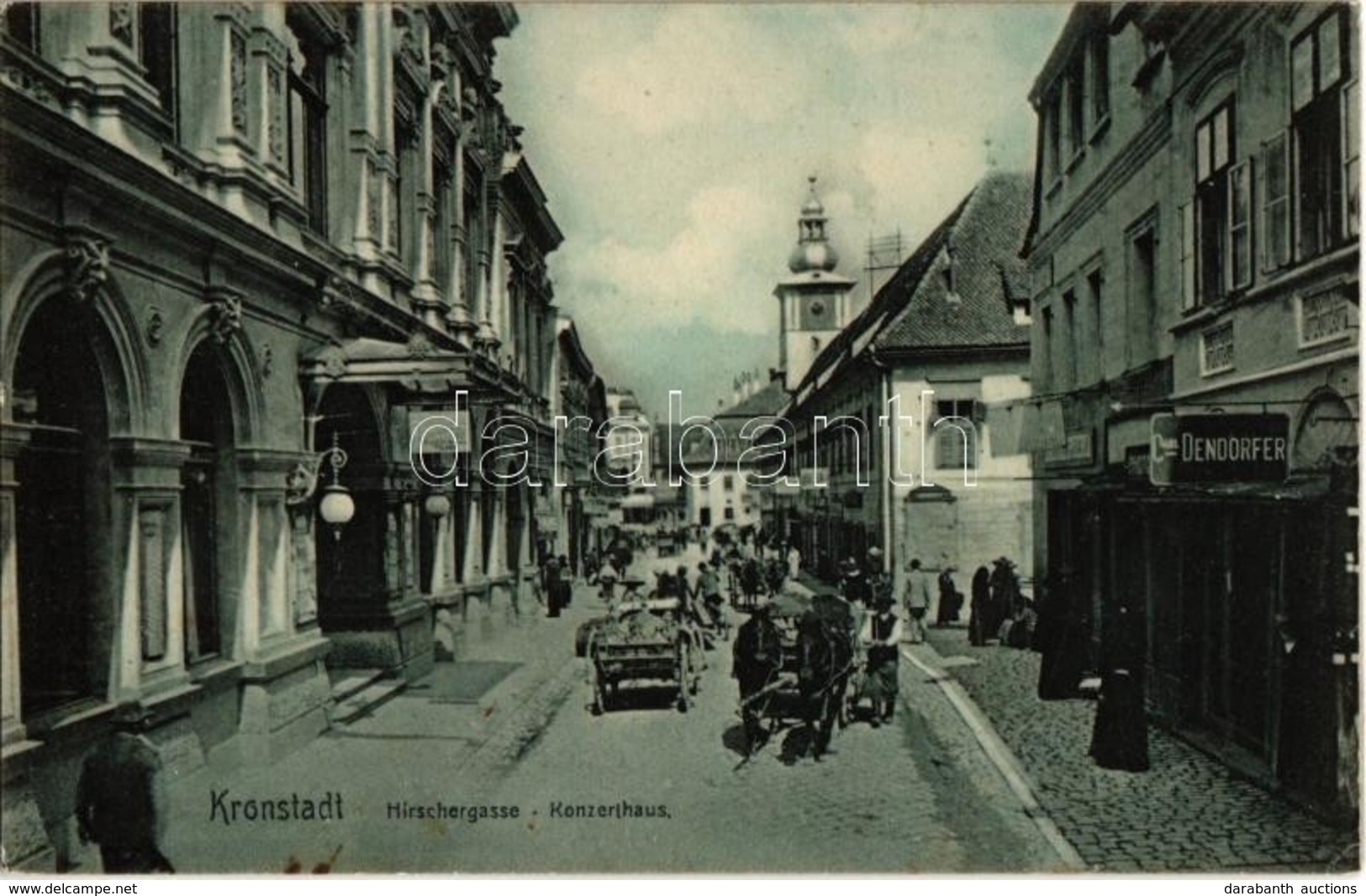 ** T2 Brassó, Kronstadt, Brasov; Hirscher Utca, Vigadó, Carl Dendorfer üzlete. Zeidner H. Kiadása / Hirschergasse / Stre - Unclassified